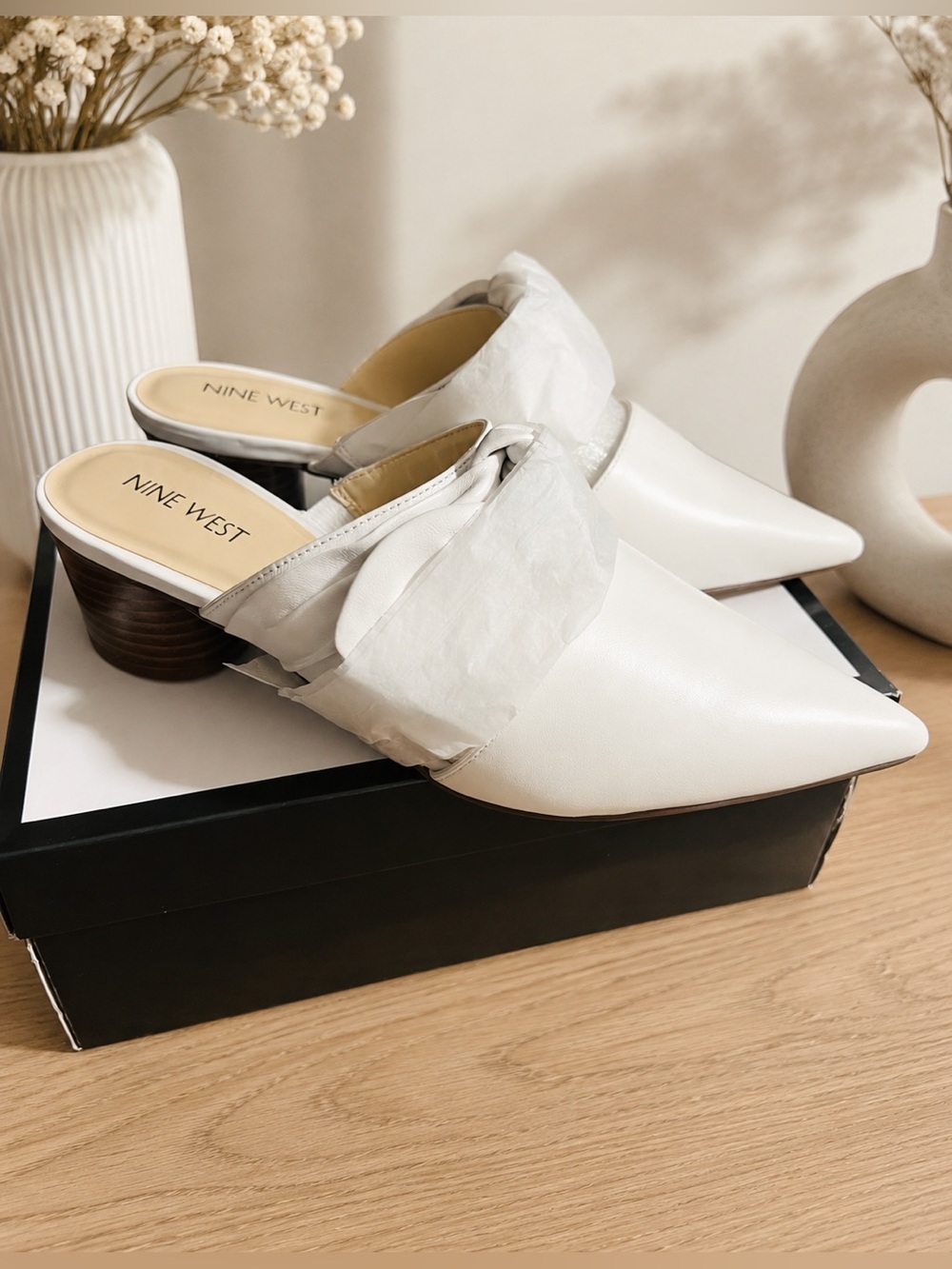 🆕 Nine West White Pointed Slip-On Mules with Wood-Effect Heel
